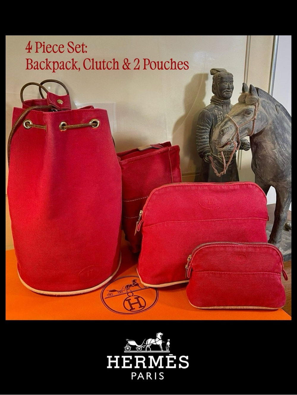 Hermes Polochon Mimile Drawstring Backpack & Bolide Pouches. 4 Piece Set